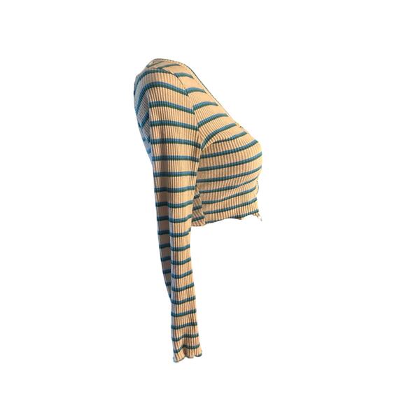 Women XS UO Urban Outfitters Cropped Button Beige Stripe Ribbed Top Cardigan - Picture 5 of 6